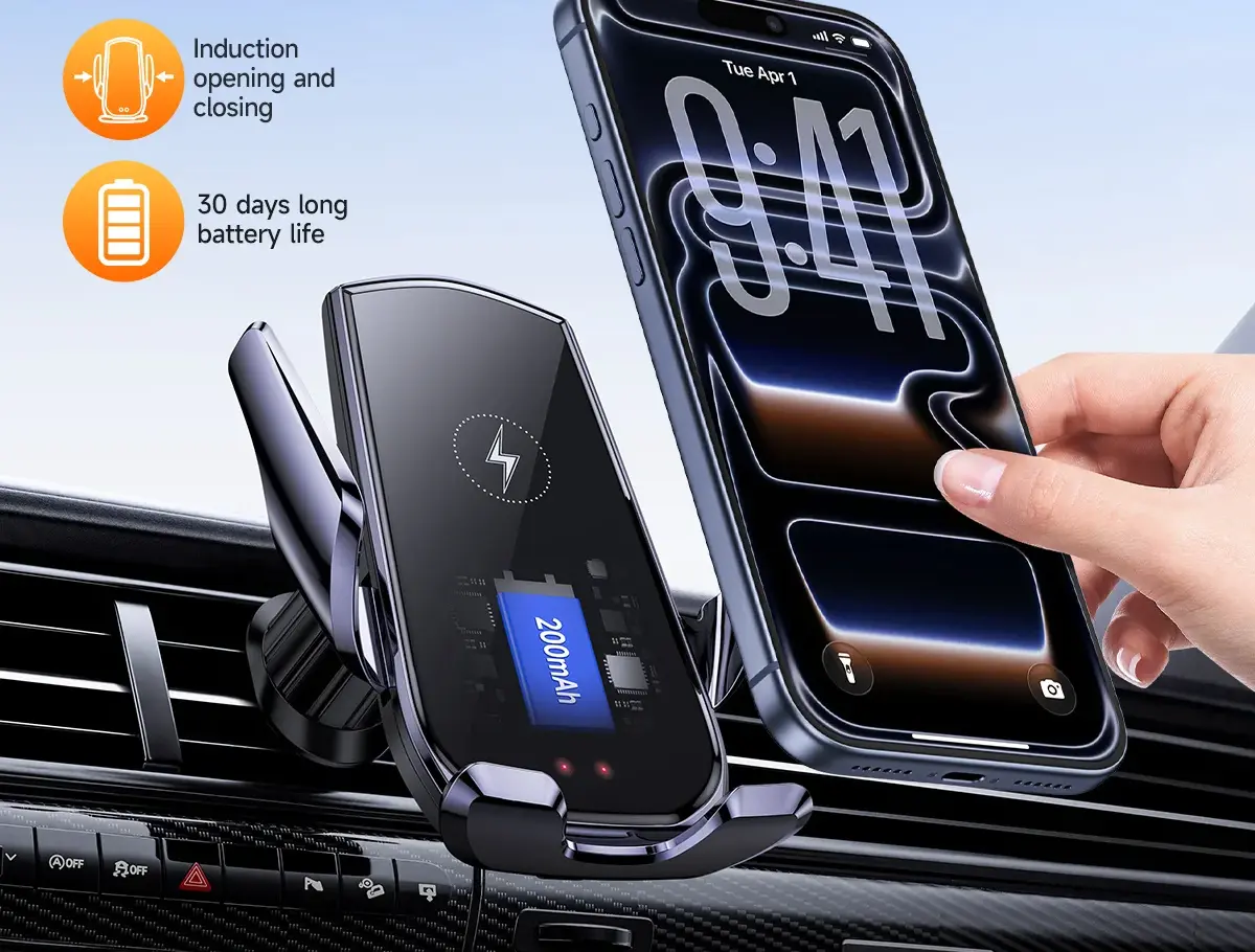 Bateria Interna de 200mAh, sem Fiação Extra – Suporte Veicular HOCO CA202 Plus Wireless 15W com Sensor Inteligente