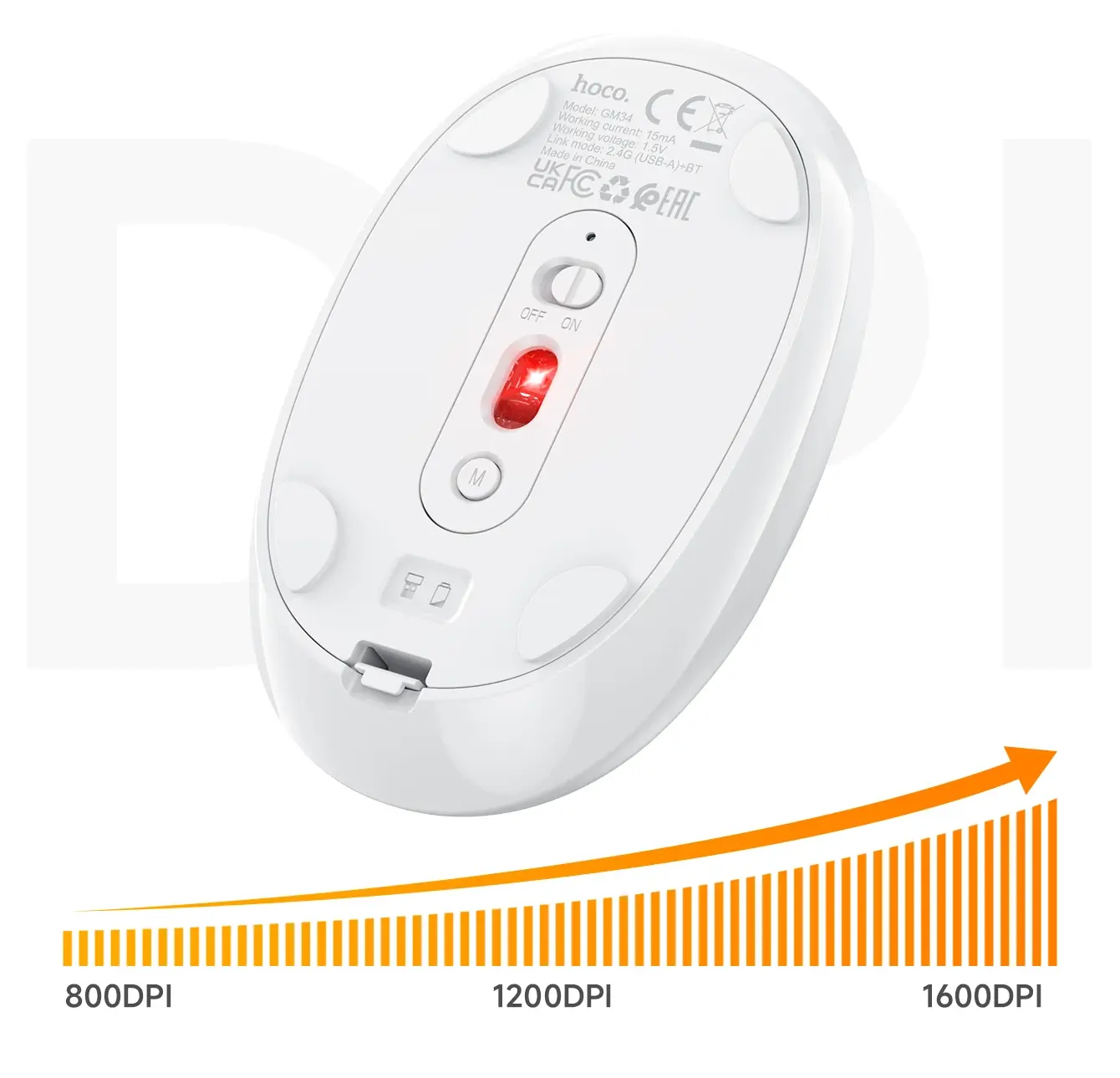 Sensor Óptico de Três Níveis de DPI – Mouse Sem Fio HOCO GM34 Bluetooth 5.2 + 2.4G Silencioso 1600DPI