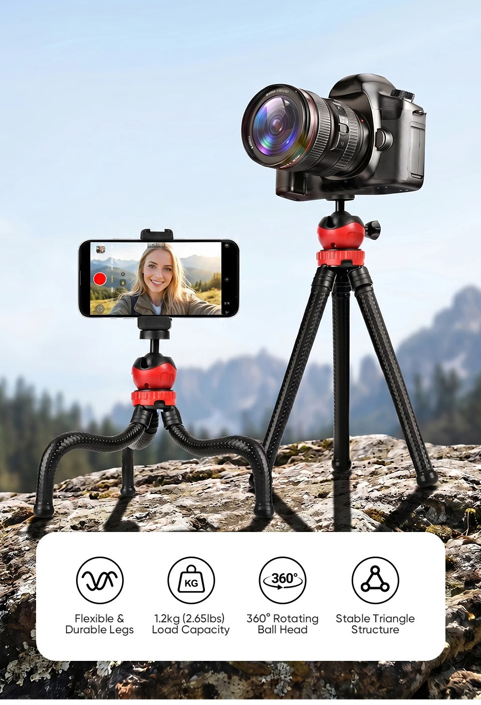 Tripé Flexível Kuulaa para Celular e Câmera com Controle Remoto