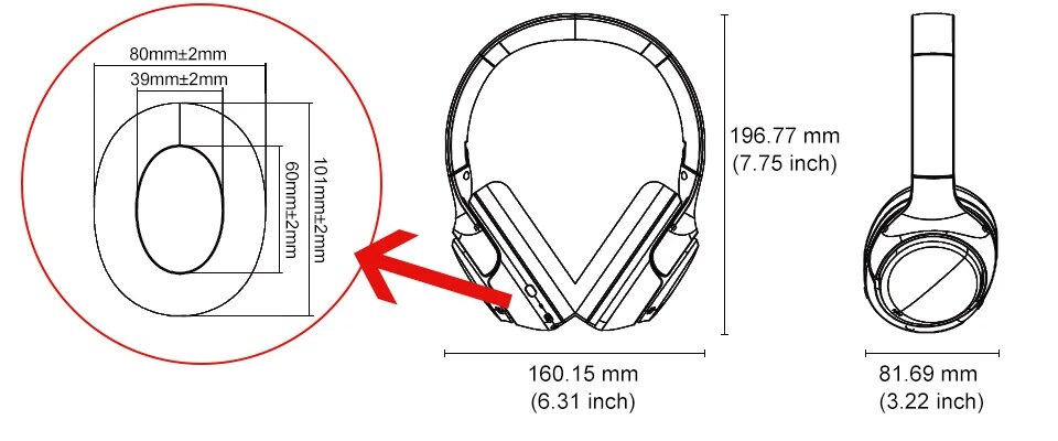 Dimensões – Headset QCY H3 ANC Bluetooth 5.4