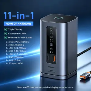 Docking Station Baseus 15 em 1 USB-C HDMI 4K RJ45 Qi2.2 - 11 em 1 para Windows