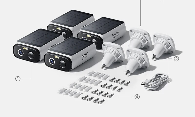 Conteúdo do Kit – Kit 4 Câmeras de Segurança Externa Baseus 2K S1 Lite com Placa Solar