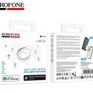 Rastreador Borofone BC110 na caixa, compatível com Apple Find My e Android Find Hub