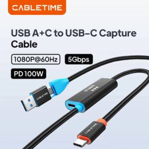 Cabo de Captura de Vídeo CABLETIME USB-C 2 em 1 1080P 60Hz com PD 100W