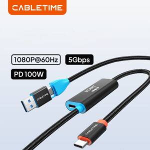 Cabo de Captura de Vídeo CABLETIME USB-C para USB-A/USB-C 1080P 60Hz com PD 100W
