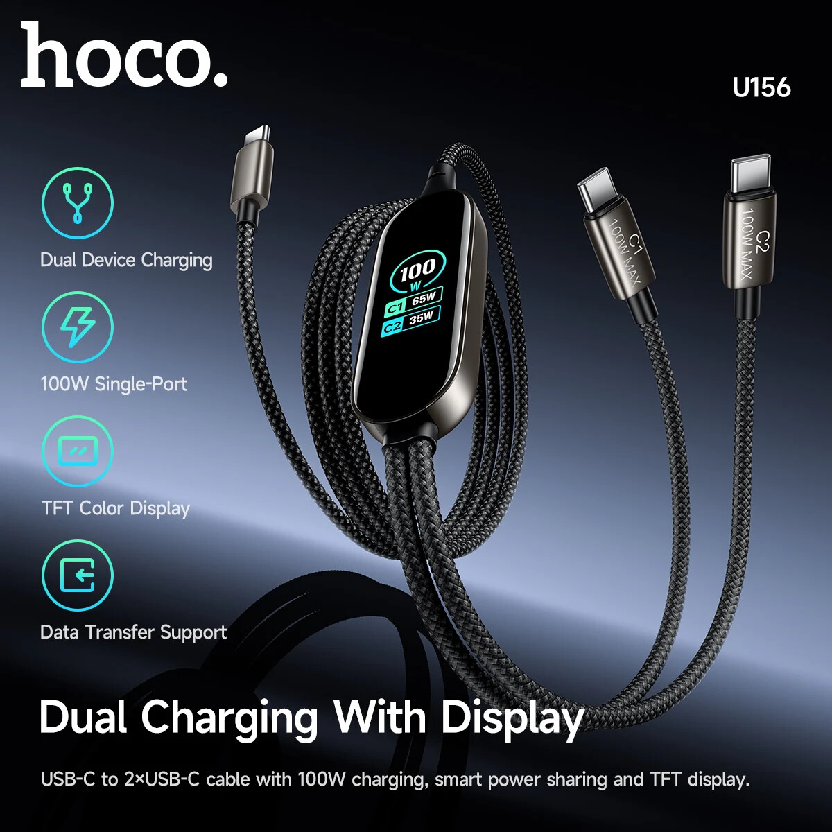 Cabo USB-C para 2 USB-C HOCO U156 100W com display colorido